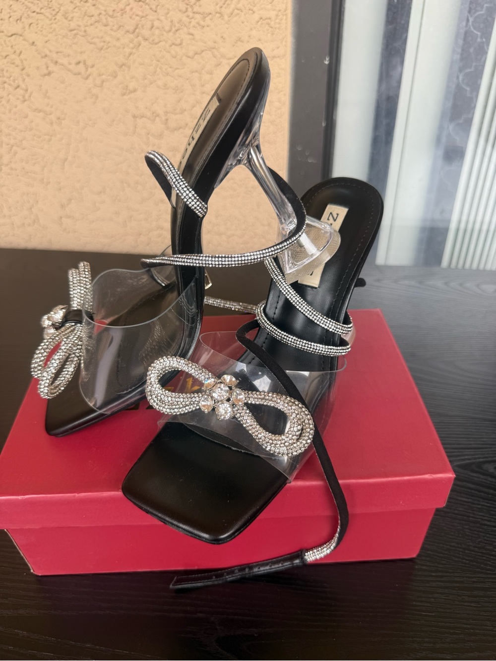 Crystal Bow Black High Heel Sandals with Clear Straps